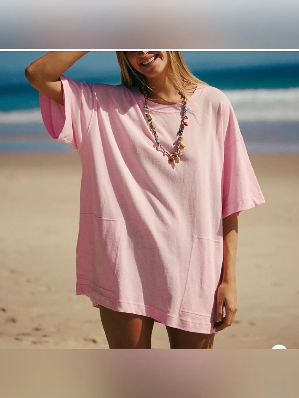 Free People Beach Short Sleeve Shirt Swim Cover Up Pockets Coral Small Cotton